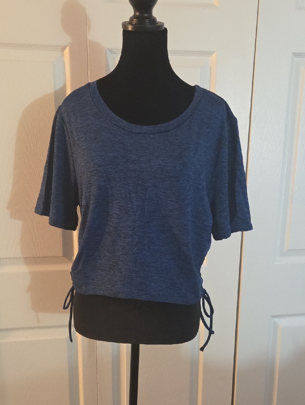 Casual Blue Short Sleeve Crop Top with Side Drawstrings